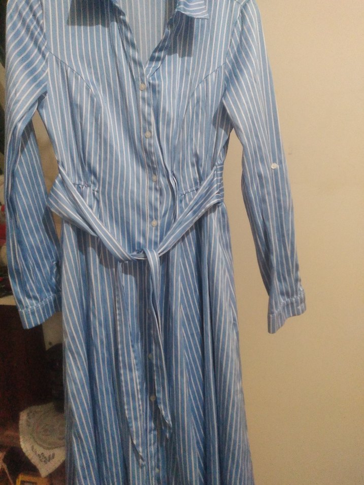 Mavi çizgili uzun  gomlek elbise - Görsel 5