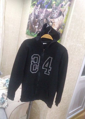 Erkek Kapüşonlu Fermuarlı Siyah Sweatshirt - Görsel 2