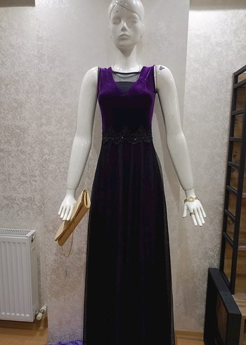 Uzun Mor V Yakalı Kadın Abiye Elbise - Görsel 9