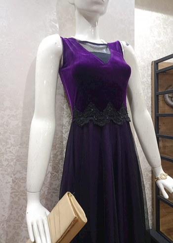 Uzun Mor V Yakalı Kadın Abiye Elbise - Görsel 6