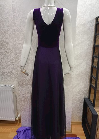 Uzun Mor V Yakalı Kadın Abiye Elbise - Görsel 3