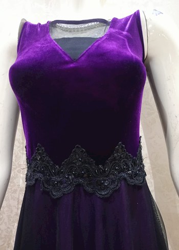 Uzun Mor V Yakalı Kadın Abiye Elbise - Görsel 5