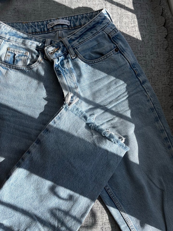 Kadın Mavi Denim Bol Kesim Midi Jean - Görsel 4