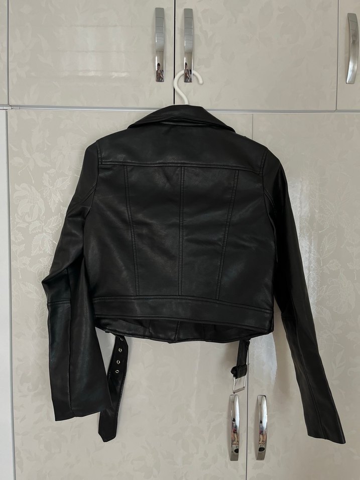 Kadın Siyah Deri Biker Ceket - Görsel 4