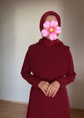 Bordo Uzun Kollu Drape Detaylı Tesettür Elbise