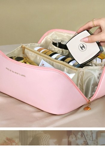 Pembe Çok Bölmeli Büyük Kapasiteli Kadın Makyaj Çantası - Görsel 4