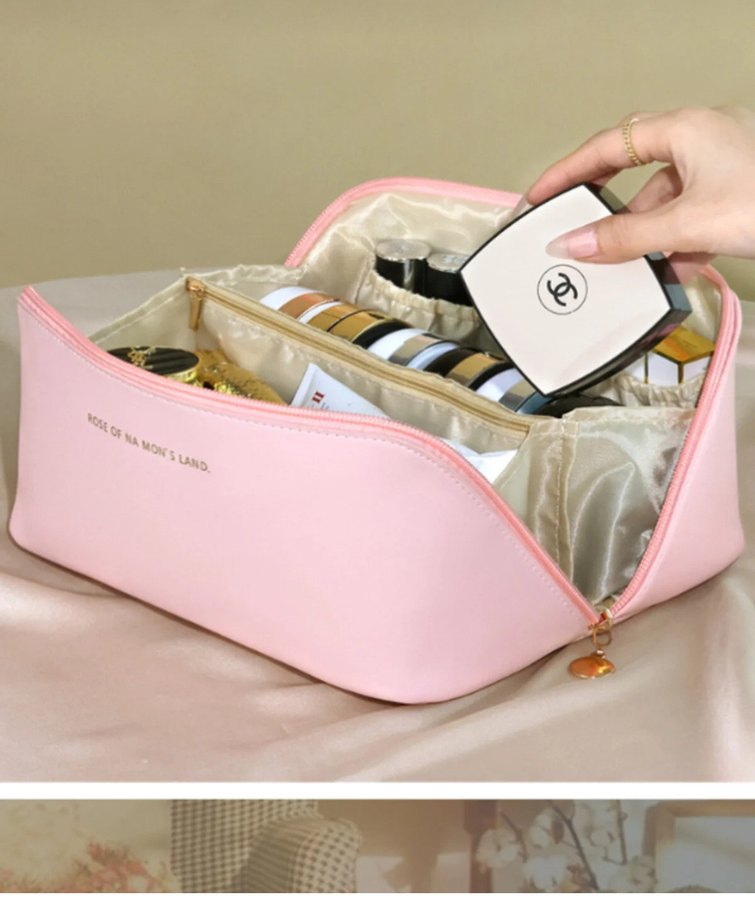 Pembe Çok Bölmeli Büyük Kapasiteli Kadın Makyaj Çantası - Görsel 4