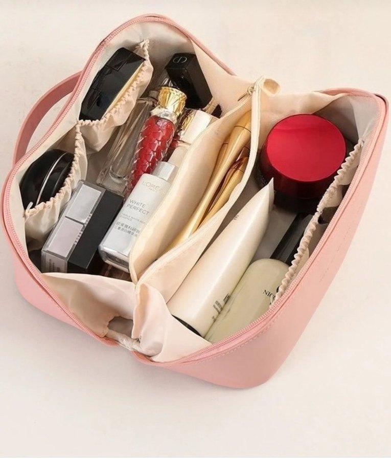 Pembe Çok Bölmeli Büyük Kapasiteli Kadın Makyaj Çantası - Görsel 2