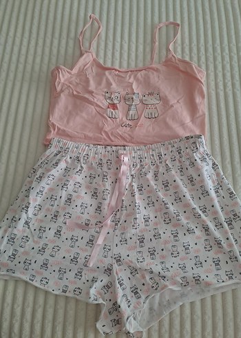 Diğer Pembe Kedi Baskılı Mini Kadın Pijama Takımı