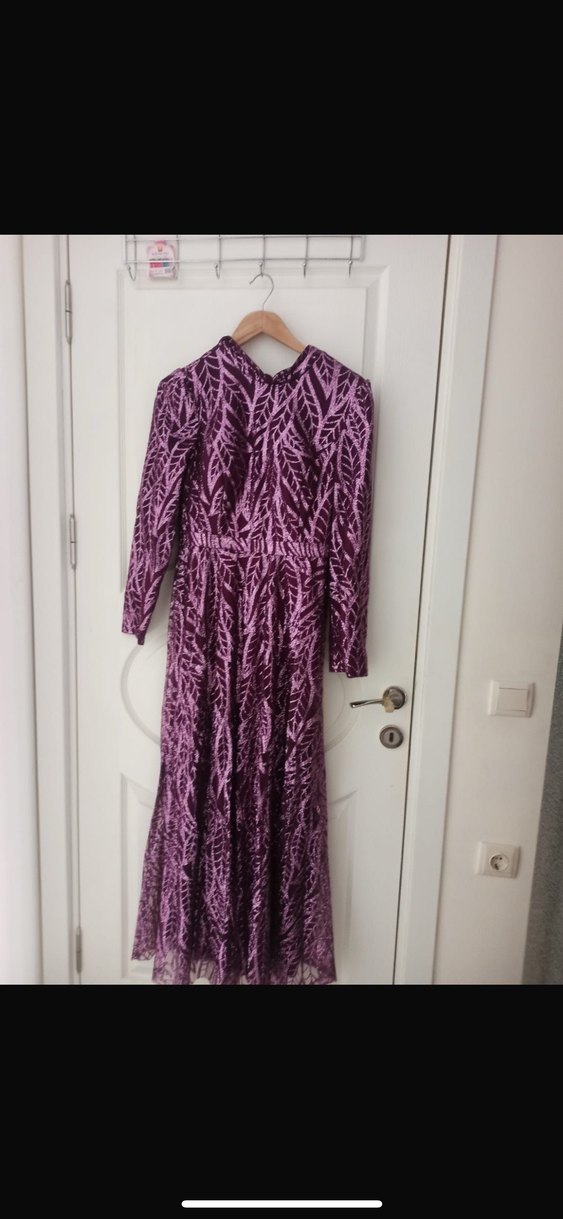 Uzun Parlak Mor Kadın Abiye Elbise - Görsel 2