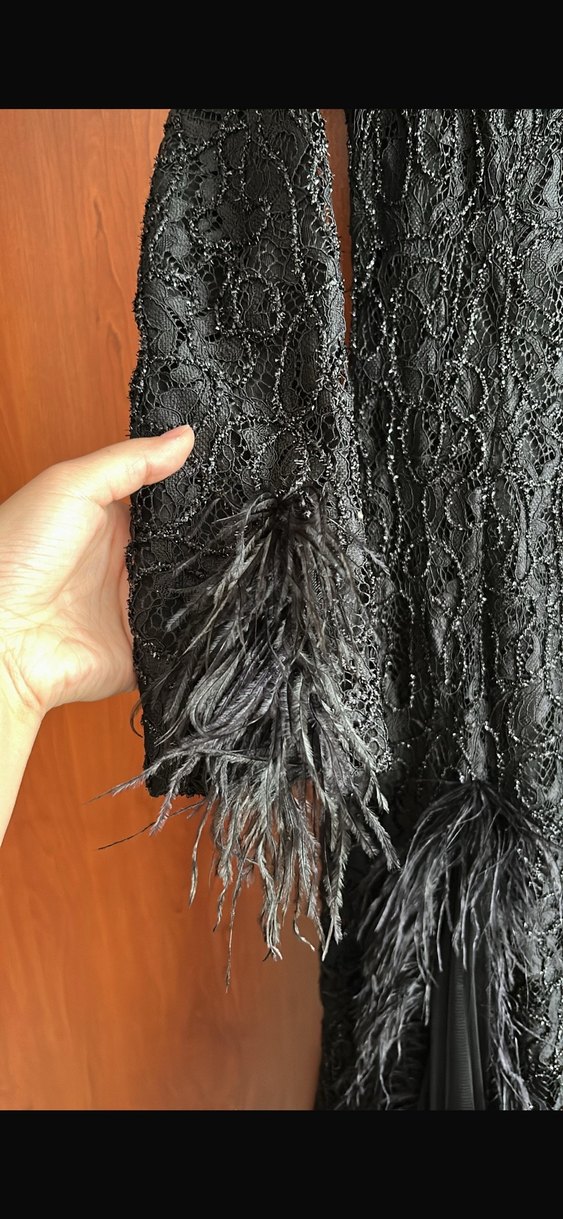 Siyah Nakışlı Tüylü Kol Kadın Uzun Abiye Elbise - Görsel 2