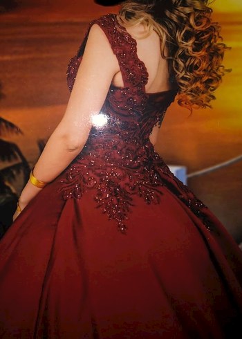 Bordo İşlemeli V Yaka Uzun kına elbisesi - Görsel 3