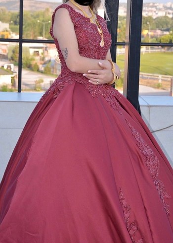 Bordo İşlemeli V Yaka Uzun kına elbisesi - Görsel 2