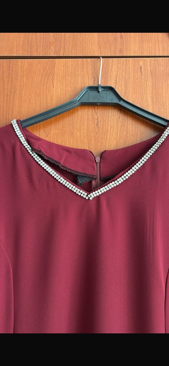 Bordo V Yaka Uzun Kollu Kadın Elbise - Görsel 2