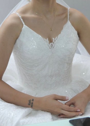 Parlak Beyaz Askılı Özel Dikim Prenses Gelinlik - Görsel 2