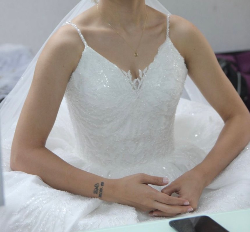 Parlak Beyaz Askılı Özel Dikim Prenses Gelinlik - Görsel 2