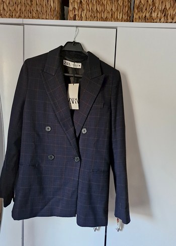 Zara Mavi Ekose Desenli Kadın Blazer Ceket