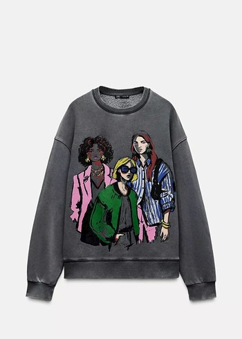 Zara Gri Baskılı Kadın Sweatshirt