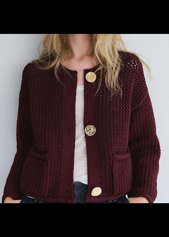 Zara Bordo Mini Düğmeli Örgü Kadın Hırka