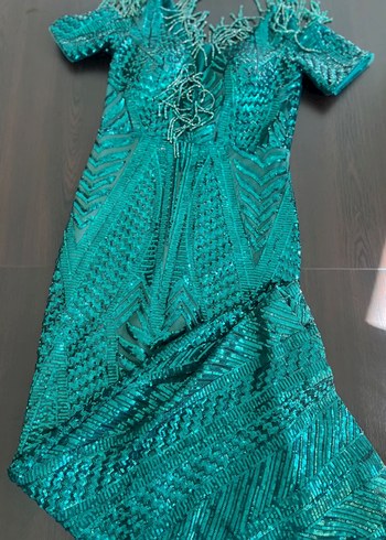 Parlak Yeşil V Yaka Payetli Uzun Elbise - Görsel 3