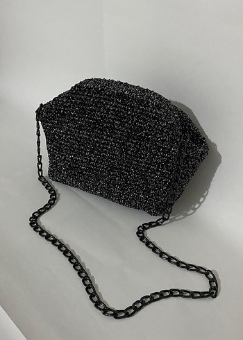 Zincir Detaylı Siyah simli Kadın Clutch Çanta