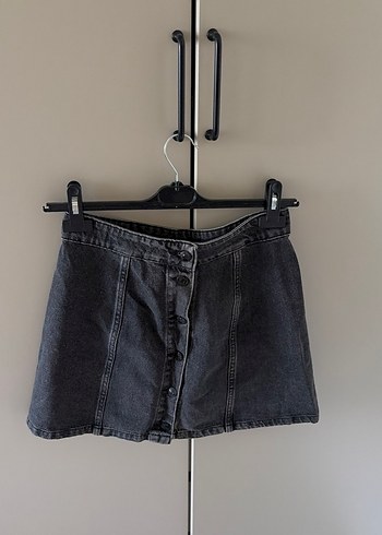 Düğmeli Siyah Denim Mini Etek - Görsel 2