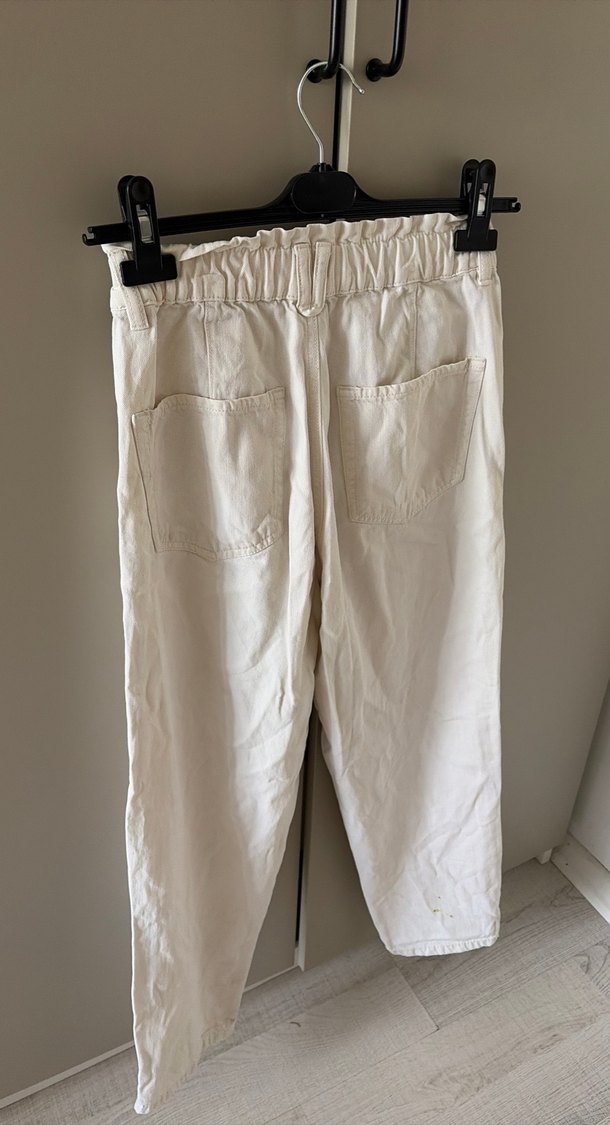 Beyaz Bol Kesim Keten Midi Kadın Pantolon - Görsel 4