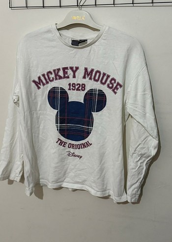 Mickey Mouse Baskılı Beyaz Uzun Kollu Kız Tişörtü - Görsel 2