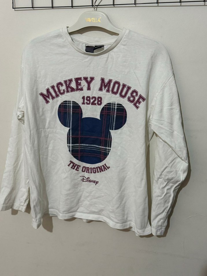 Mickey Mouse Baskılı Beyaz Uzun Kollu Kız Tişörtü - Görsel 3