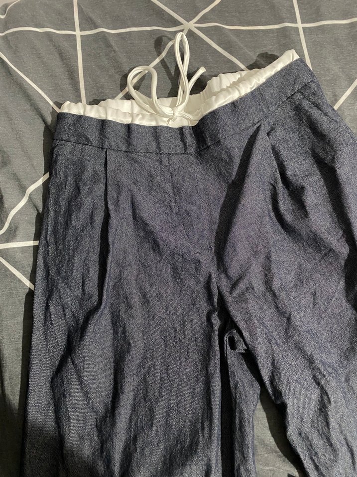 Gri Keten Kadın Bol Kesim Kemerli Pantolon - Görsel 3