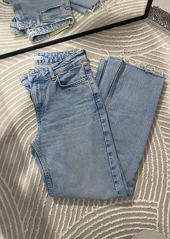 Düğmeli Mavi Kadın Midi Denim Pantolon - Görsel 2