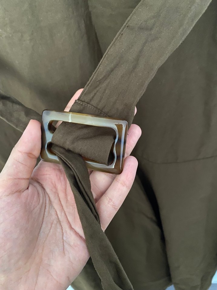 Kahverengi Kemerli Kolsuz Uzun Keten Elbise - Görsel 3