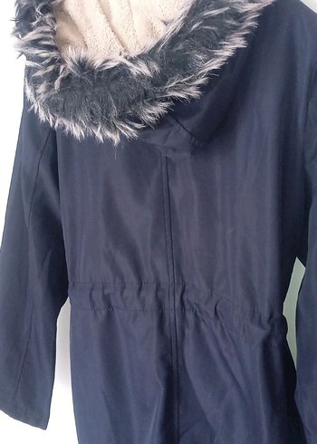 Kürklü Kapüşonlu Lacivert Kadın Uzun Kaban - Görsel 4