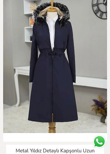 Kürklü Kapüşonlu Lacivert Kadın Uzun Kaban - Görsel 2