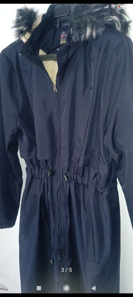 Kürklü Kapüşonlu Lacivert Kadın Uzun Kaban - Görsel 3