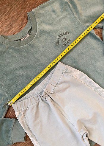 Turkuaz Rahat Kesim Kız Çocuk Kadife Şeritli Tayt ve Üst Kombin - Görsel 5