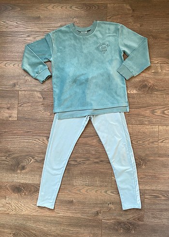 Turkuaz Rahat Kesim Kız Çocuk Kadife Şeritli Tayt ve Üst Kombin - Görsel 2