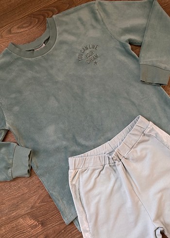 Turkuaz Rahat Kesim Kız Çocuk Kadife Şeritli Tayt ve Üst Kombin - Görsel 3