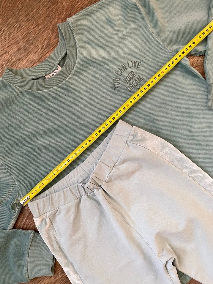 Turkuaz Rahat Kesim Kız Çocuk Kadife Şeritli Tayt ve Üst Kombin - Görsel 5