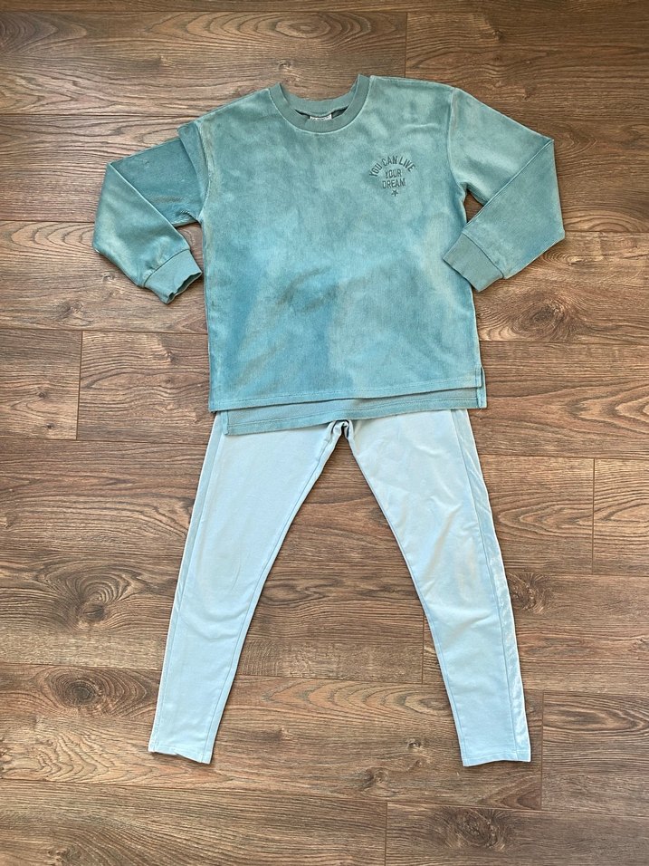 Turkuaz Rahat Kesim Kız Çocuk Kadife Şeritli Tayt ve Üst Kombin - Görsel 2
