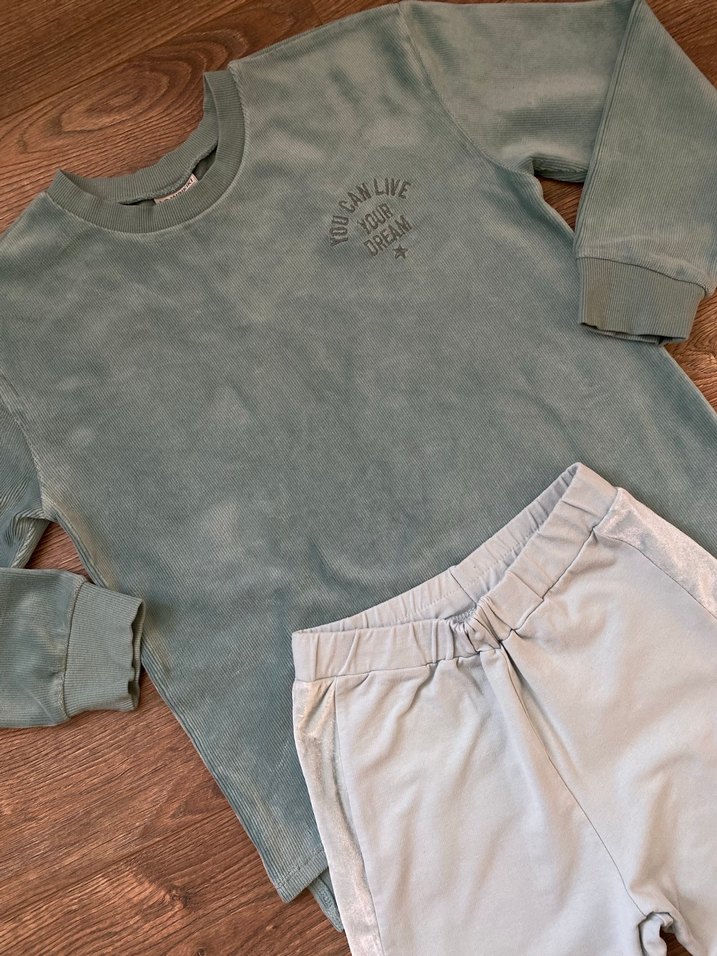 Turkuaz Rahat Kesim Kız Çocuk Kadife Şeritli Tayt ve Üst Kombin - Görsel 3