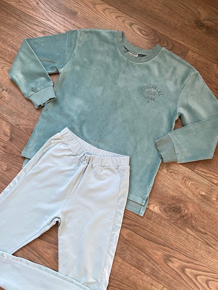 Turkuaz Rahat Kesim Kız Çocuk Kadife Şeritli Tayt ve Üst Kombin - Görsel 4