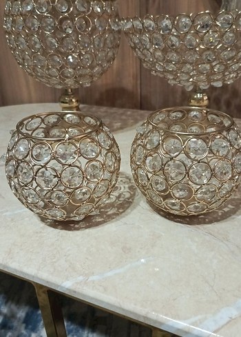 Beden Parlak Altın Renkli Kristal Mumluk Seti