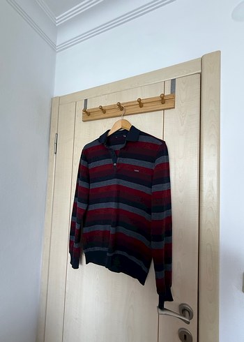 Bordo Çizgili Örgü Erkek Kazak - Görsel 2