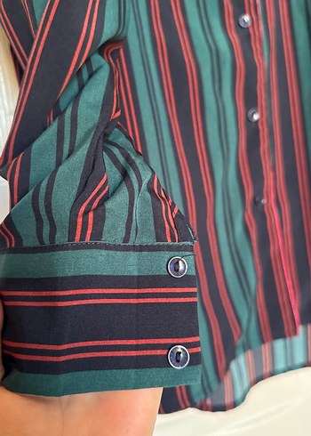 Bordo Çizgili Uzun Kollu Kadın Gömlek - Görsel 2