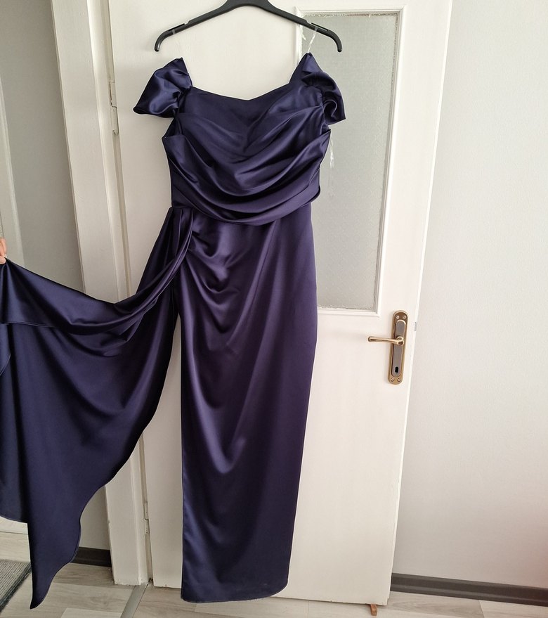 Kadın Lacivert Uzun Drapeli Abiye Elbise - Görsel 2