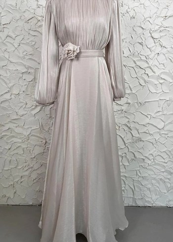 Bej Pilili Uzun Kollu Kadın Abiye Elbise 38 beden - Görsel 3