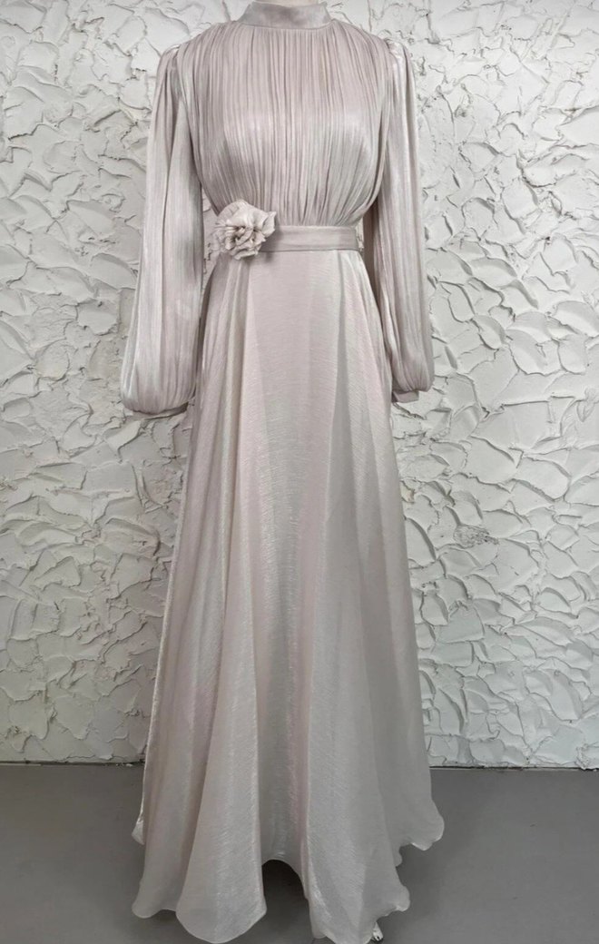 Bej Pilili Uzun Kollu Kadın Abiye Elbise 38 beden - Görsel 3