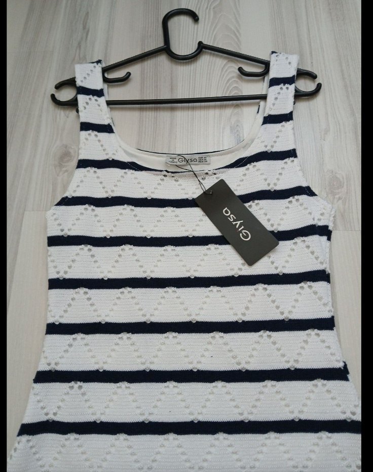 Çizgili Kolsuz Mini Triko Elbise - Görsel 2