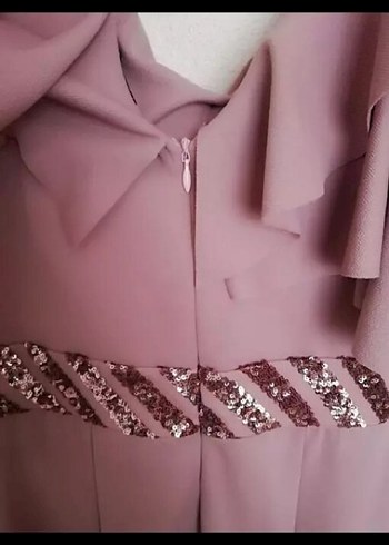 Uzun pembe Drapeli V Yaka Abiye Elbise - Görsel 7